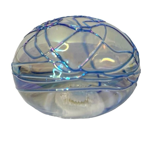 Anton Intaglio Art Glass Iridescent Blue & Clear Threaded Paperweight Signed - Picture 3 of 6